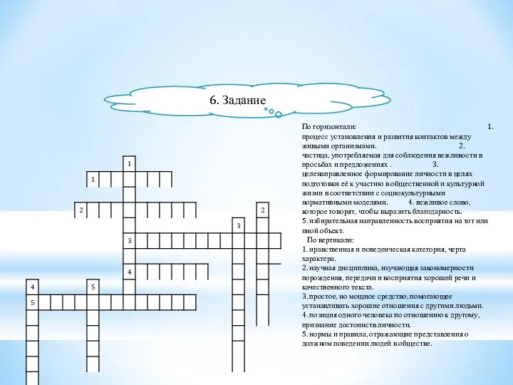 ВЕЖЛИВОСТЬ 6. Задание По горизонтали: 1. процесс установления и развития контактов