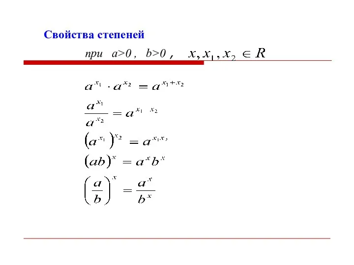 Свойства степеней при a>0 , b>0 ,