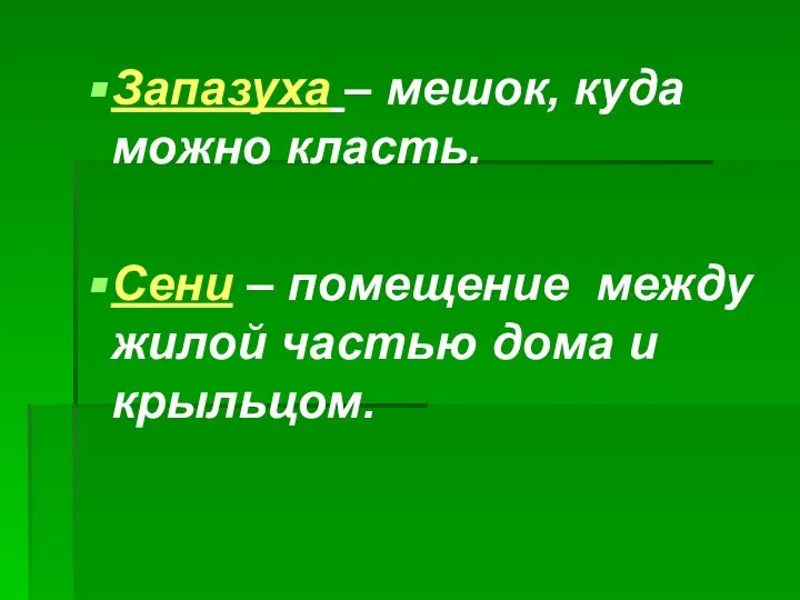 Запазуха – мешок, куда можно класть. Сени – помещение между жилой частью дома и крыльцом.