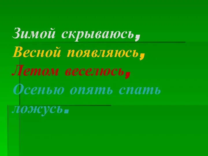 Зимой скрываюсь, Весной появляюсь, Летом веселюсь, Осенью опять спать ложусь.