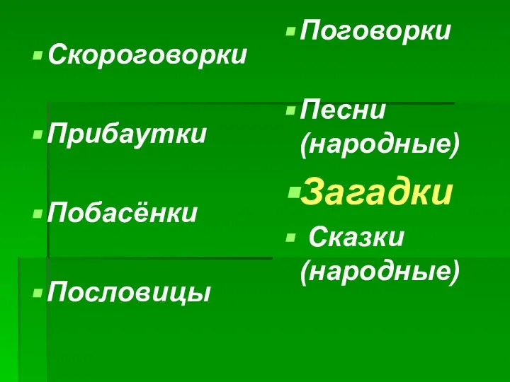 Скороговорки Прибаутки Побасёнки Пословицы Поговорки Песни (народные) Загадки Сказки (народные)