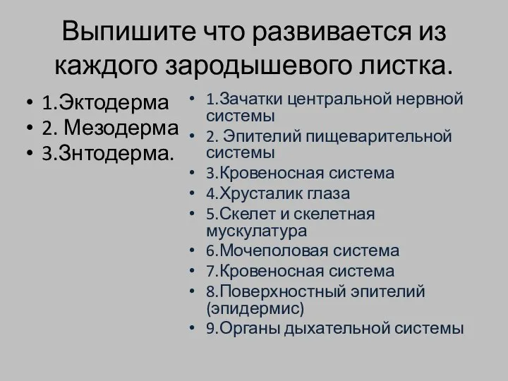 Выпишите что развивается из каждого зародышевого листка. 1.Эктодерма 2. Мезодерма 3.Знтодерма.