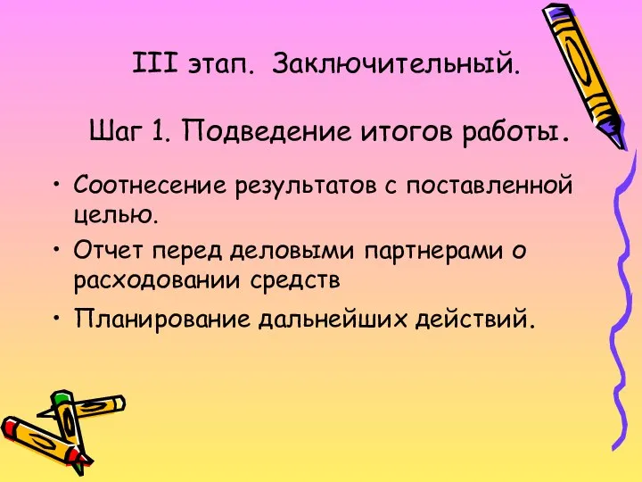 III этап. Заключительный. Шаг 1. Подведение итогов работы. Соотнесение результатов с