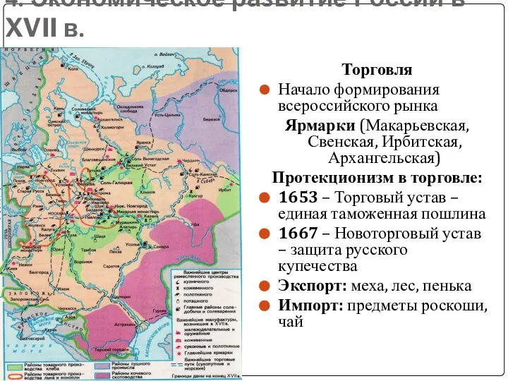 4. Экономическое развитие России в XVII в. Торговля Начало формирования всероссийского