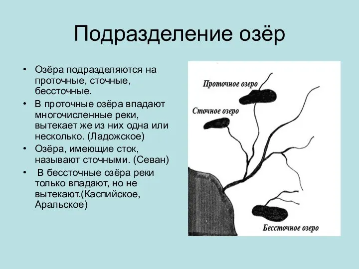 Подразделение озёр Озёра подразделяются на проточные, сточные, бессточные. В проточные озёра