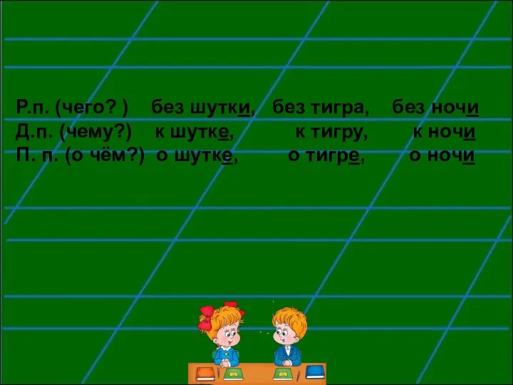 Р.п. (чего? ) без шутки, без тигра, без ночи Д.п. (чему?)