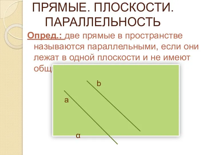 ПРЯМЫЕ. ПЛОСКОСТИ. ПАРАЛЛЕЛЬНОСТЬ Опред.: две прямые в пространстве называются параллельными, если