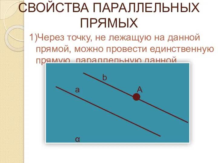 СВОЙСТВА ПАРАЛЛЕЛЬНЫХ ПРЯМЫХ 1)Через точку, не лежащую на данной прямой, можно провести единственную прямую, параллельную данной.