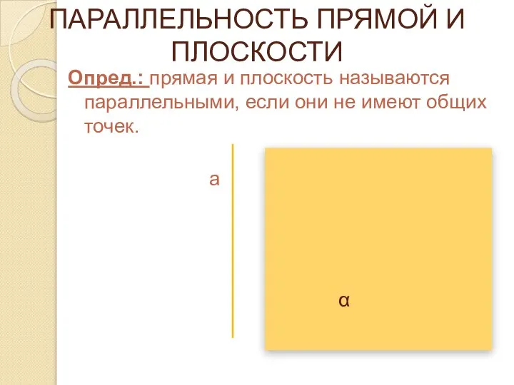 ПАРАЛЛЕЛЬНОСТЬ ПРЯМОЙ И ПЛОСКОСТИ Опред.: прямая и плоскость называются параллельными, если они не имеют общих точек.