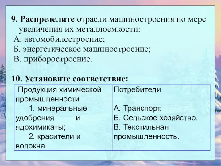 9. Распределите отрасли машиностроения по мере увеличения их металлоемкости: А. автомобилестроение;