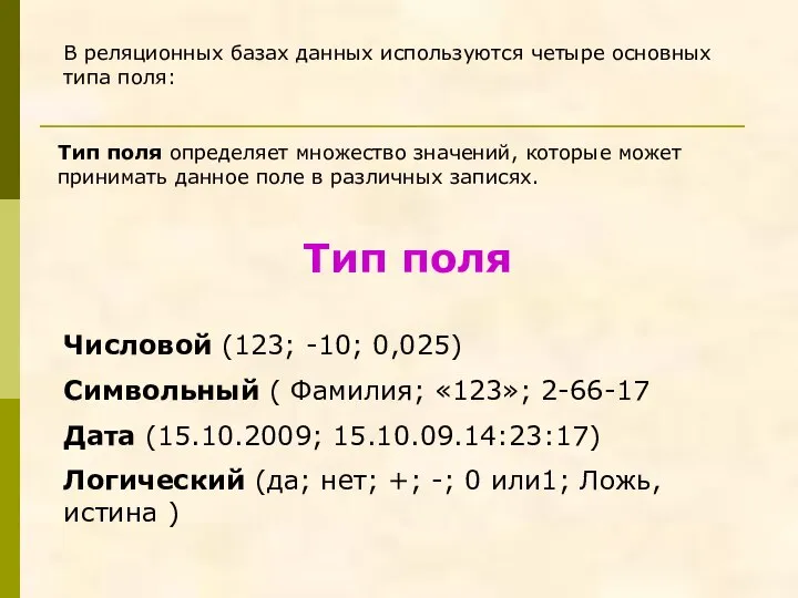 Тип поля Числовой (123; -10; 0,025) Символьный ( Фамилия; «123»; 2-66-17