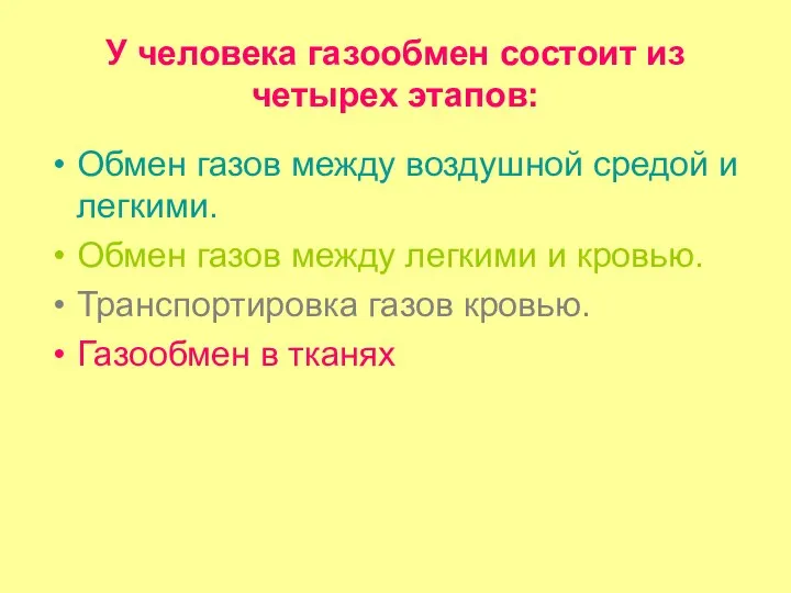 У человека газообмен состоит из четырех этапов: Обмен газов между воздушной