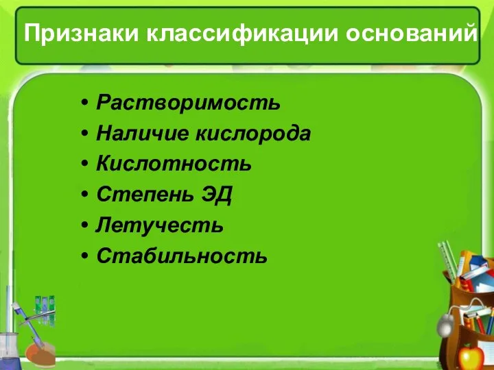 Признаки классификации оснований Растворимость Наличие кислорода Кислотность Степень ЭД Летучесть Стабильность