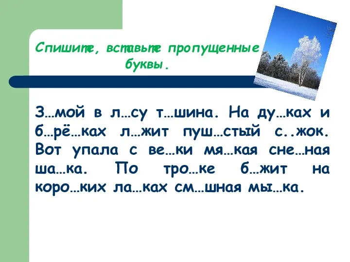 Спишите, вставьте пропущенные буквы. З…мой в л…су т…шина. На ду…ках и