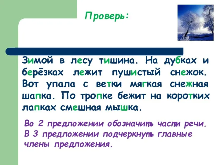 Зимой в лесу тишина. На дубках и берёзках лежит пушистый снежок.