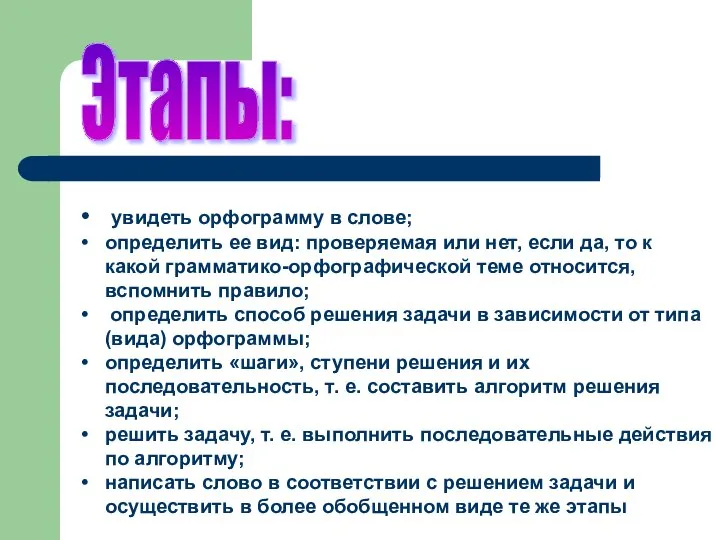 Этапы: увидеть орфограмму в слове; определить ее вид: проверяемая или нет,