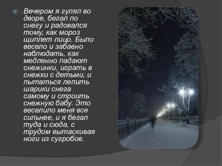 Вечером я гулял во дворе, бегал по снегу и радовался тому,