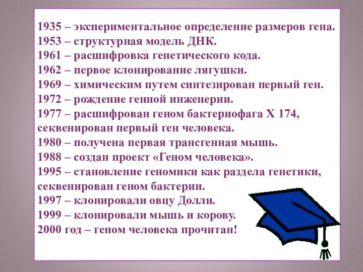 1935 – экспериментальное определение размеров гена. 1953 – структурная модель ДНК.