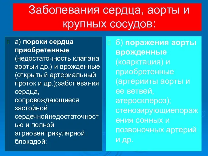 Заболевания сердца, аорты и крупных сосудов: а) пороки сердца приобретенные (недостаточность