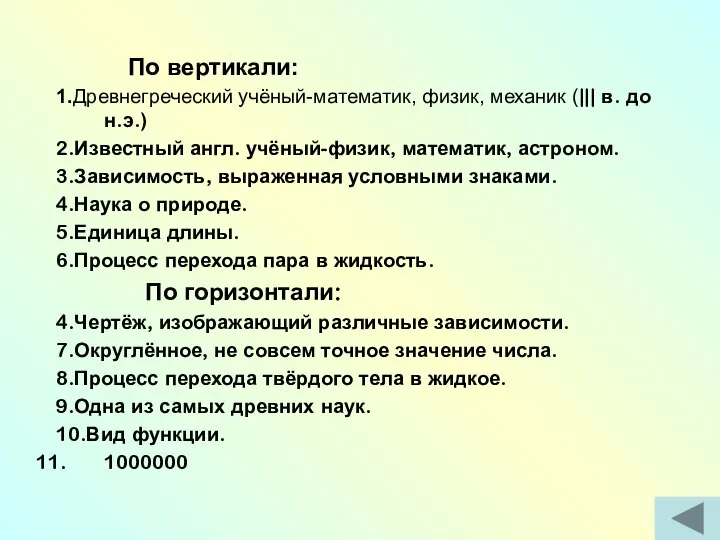 По вертикали: 1.Древнегреческий учёный-математик, физик, механик (||| в. до н.э.) 2.Известный