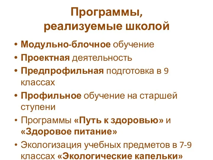 Программы, реализуемые школой Модульно-блочное обучение Проектная деятельность Предпрофильная подготовка в 9