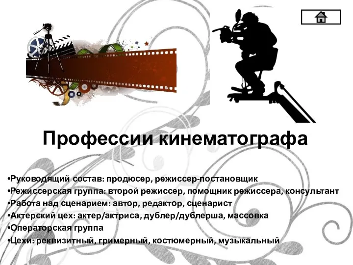 Профессии кинематографа Руководящий состав: продюсер, режиссер-постановщик Режиссерская группа: второй режиссер, помощник