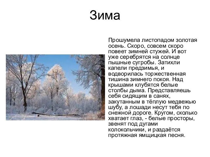 Зима Прошумела листопадом золотая осень. Скоро, совсем скоро повеет зимней стужей.