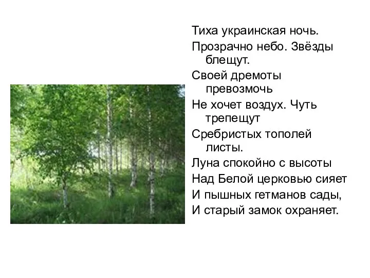 Тиха украинская ночь. Прозрачно небо. Звёзды блещут. Своей дремоты превозмочь Не