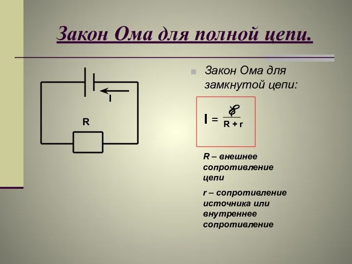 Закон Ома для полной цепи. Закон Ома для замкнутой цепи: I