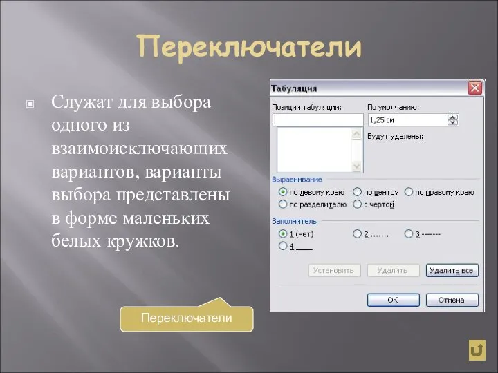 Переключатели Служат для выбора одного из взаимоисключающих вариантов, варианты выбора представлены