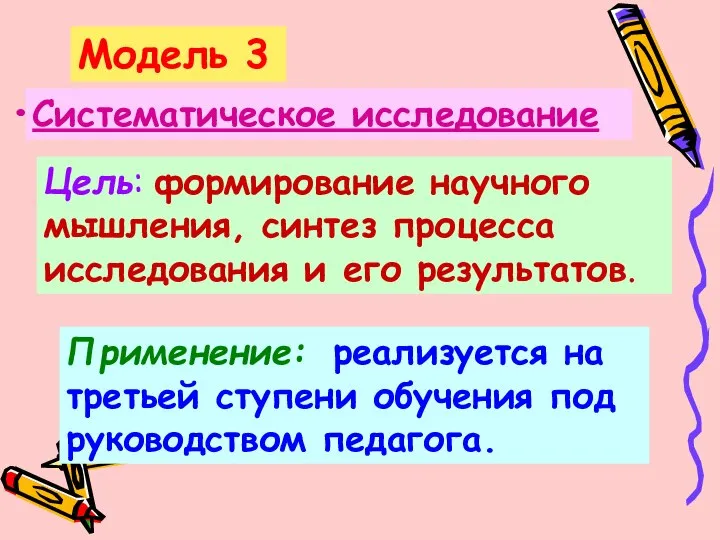 Модель 3 Систематическое исследование Цель: формирование научного мышления, синтез процесса исследования