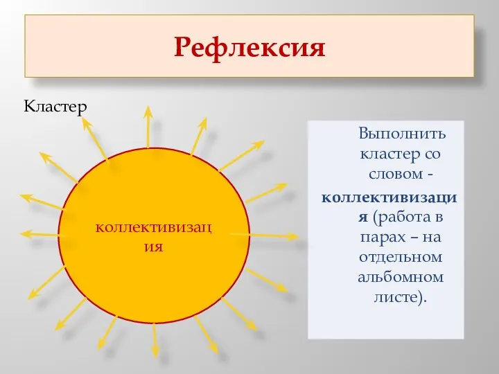 Рефлексия Кластер Выполнить кластер со словом - коллективизация (работа в парах