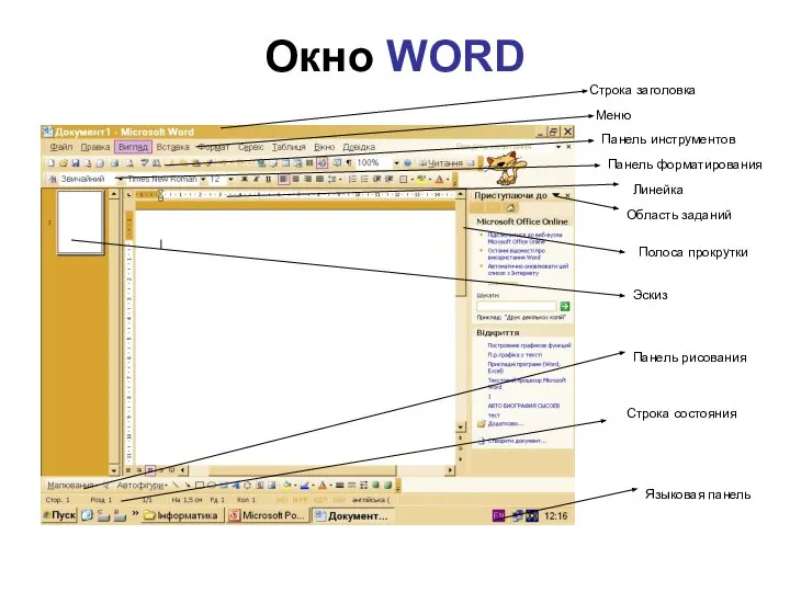 Окно WORD Строка заголовка Меню Панель инструментов Панель форматирования Линейка Эскиз