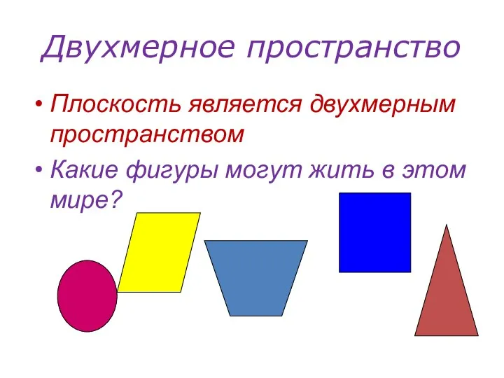 Двухмерное пространство Плоскость является двухмерным пространством Какие фигуры могут жить в этом мире?