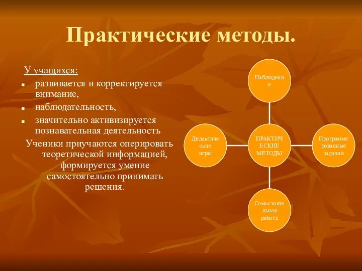 Практические методы. У учащихся: развивается и корректируется внимание, наблюдательность, значительно активизируется