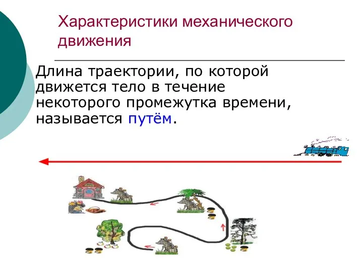 Длина траектории, по которой движется тело в течение некоторого промежутка времени, называется путём. Характеристики механического движения