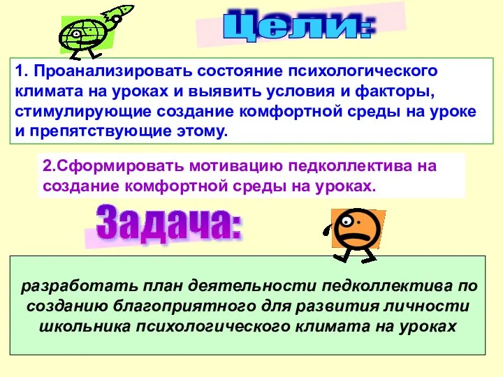 Цели: 1. Проанализировать состояние психологического климата на уроках и выявить условия