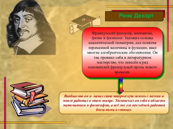 Французский философ, математик, физик и физиолог. Заложил основы аналитической геометрии, дал