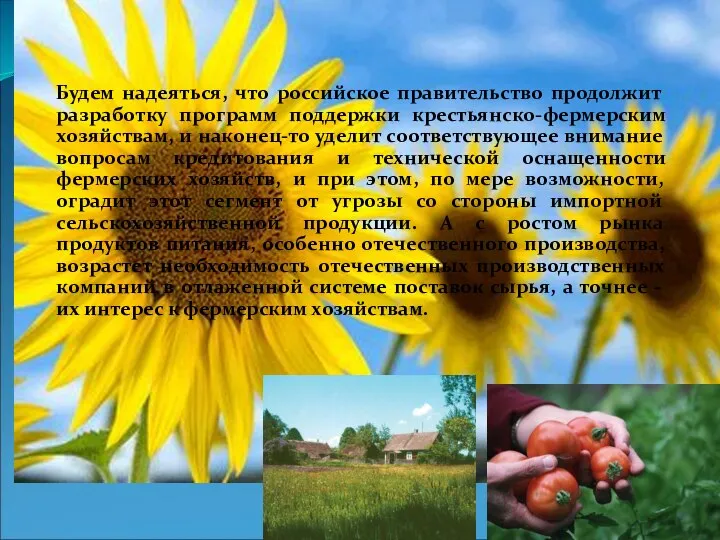 Будем надеяться, что российское правительство продолжит разработку программ поддержки крестьянско-фермерским хозяйствам,