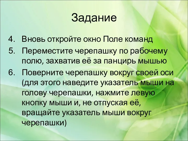 Задание Вновь откройте окно Поле команд Переместите черепашку по рабочему полю,