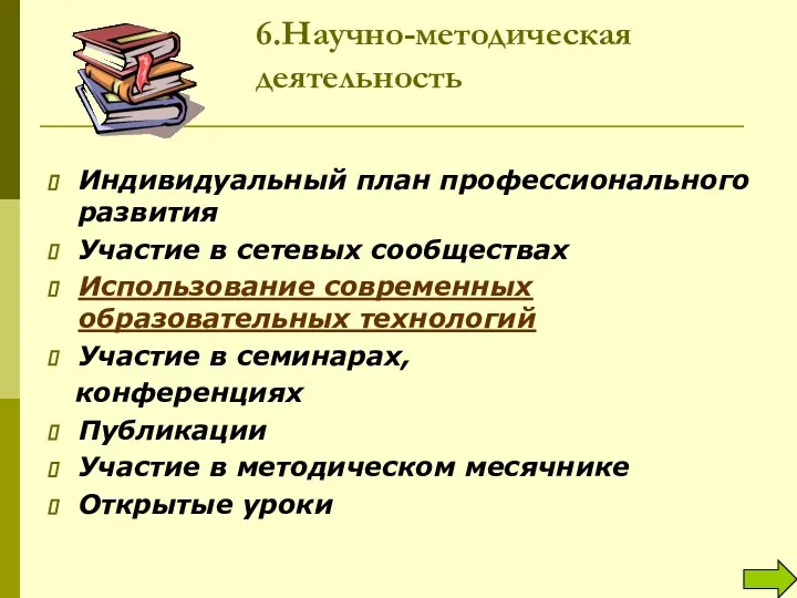 6.Научно-методическая деятельность Индивидуальный план профессионального развития Участие в сетевых сообществах Использование