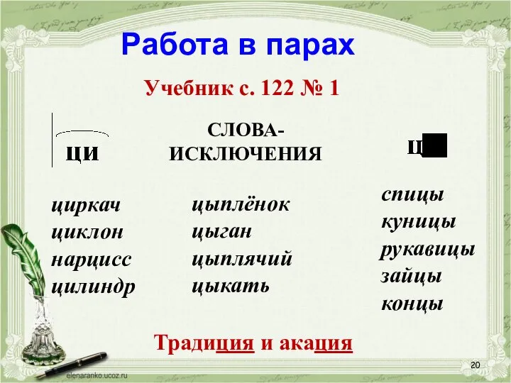 Работа в парах Учебник с. 122 № 1 СЛОВА- ИСКЛЮЧЕНИЯ циркач