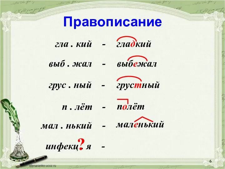 Правописание гла . кий - гладкий п . лёт - грус