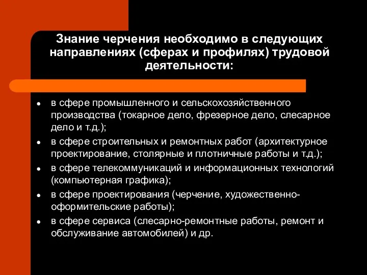 Знание черчения необходимо в следующих направлениях (сферах и профилях) трудовой деятельности: