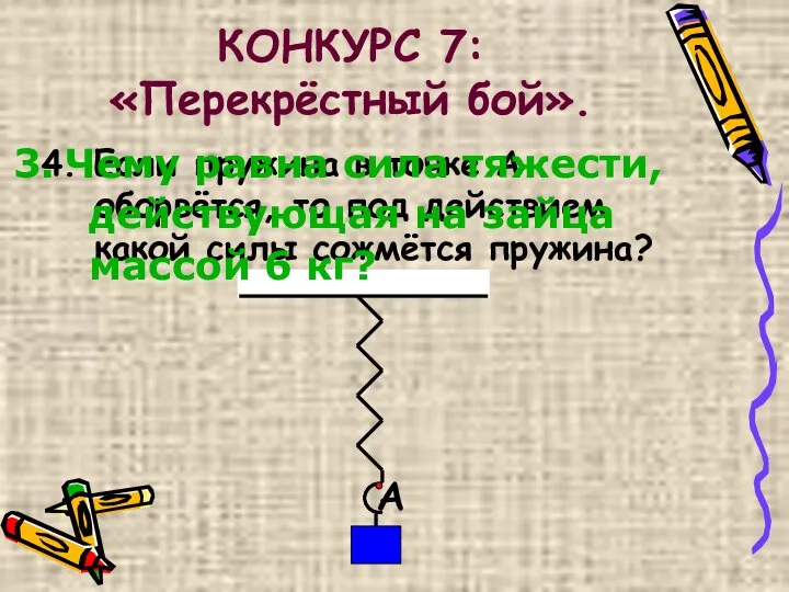 КОНКУРС 7: «Перекрёстный бой». 4. Если пружина в точке А оборвётся,