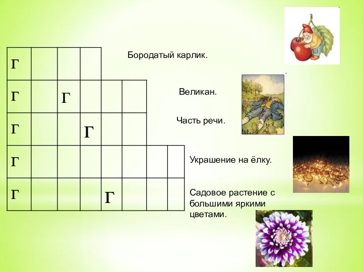 Бородатый карлик. Великан. Часть речи. Украшение на ёлку. Садовое растение с большими яркими цветами.