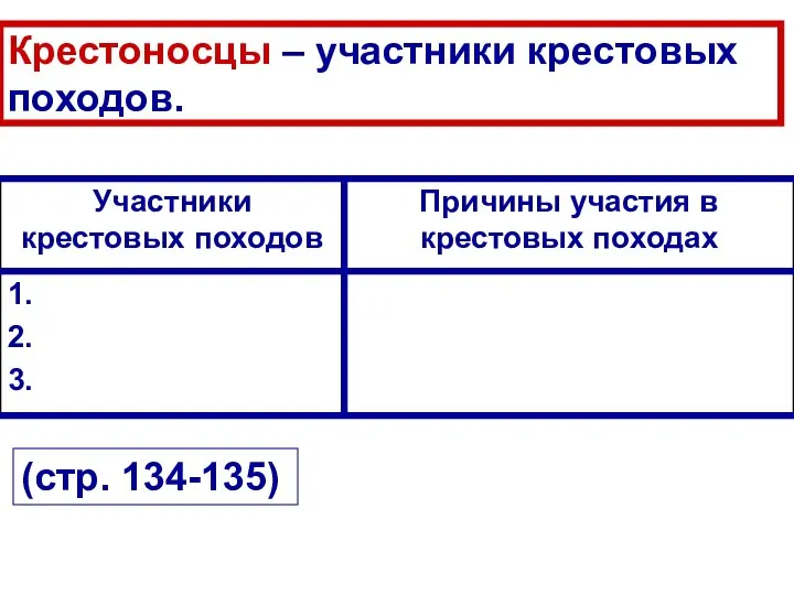 Крестоносцы – участники крестовых походов. (стр. 134-135)