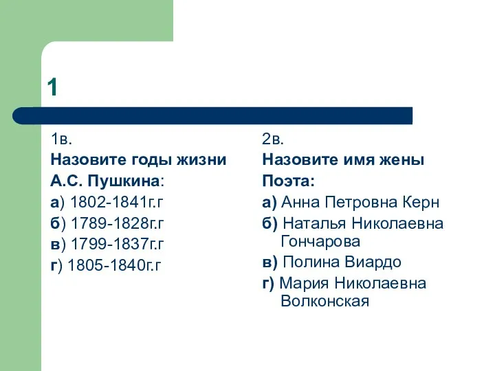 1 1в. Назовите годы жизни А.С. Пушкина: а) 1802-1841г.г б) 1789-1828г.г