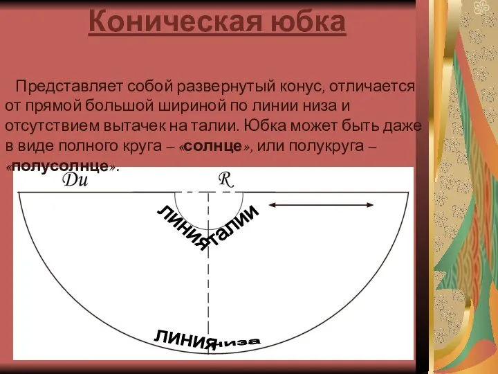 Коническая юбка линия линия талии низа Представляет собой развернутый конус, отличается