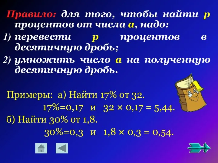 Правило: для того, чтобы найти р процентов от числа a, надо: